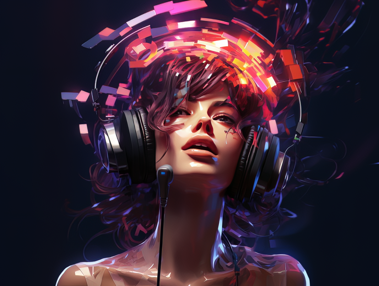 DJ facing a crowd at his deck. Photo with a purple hue